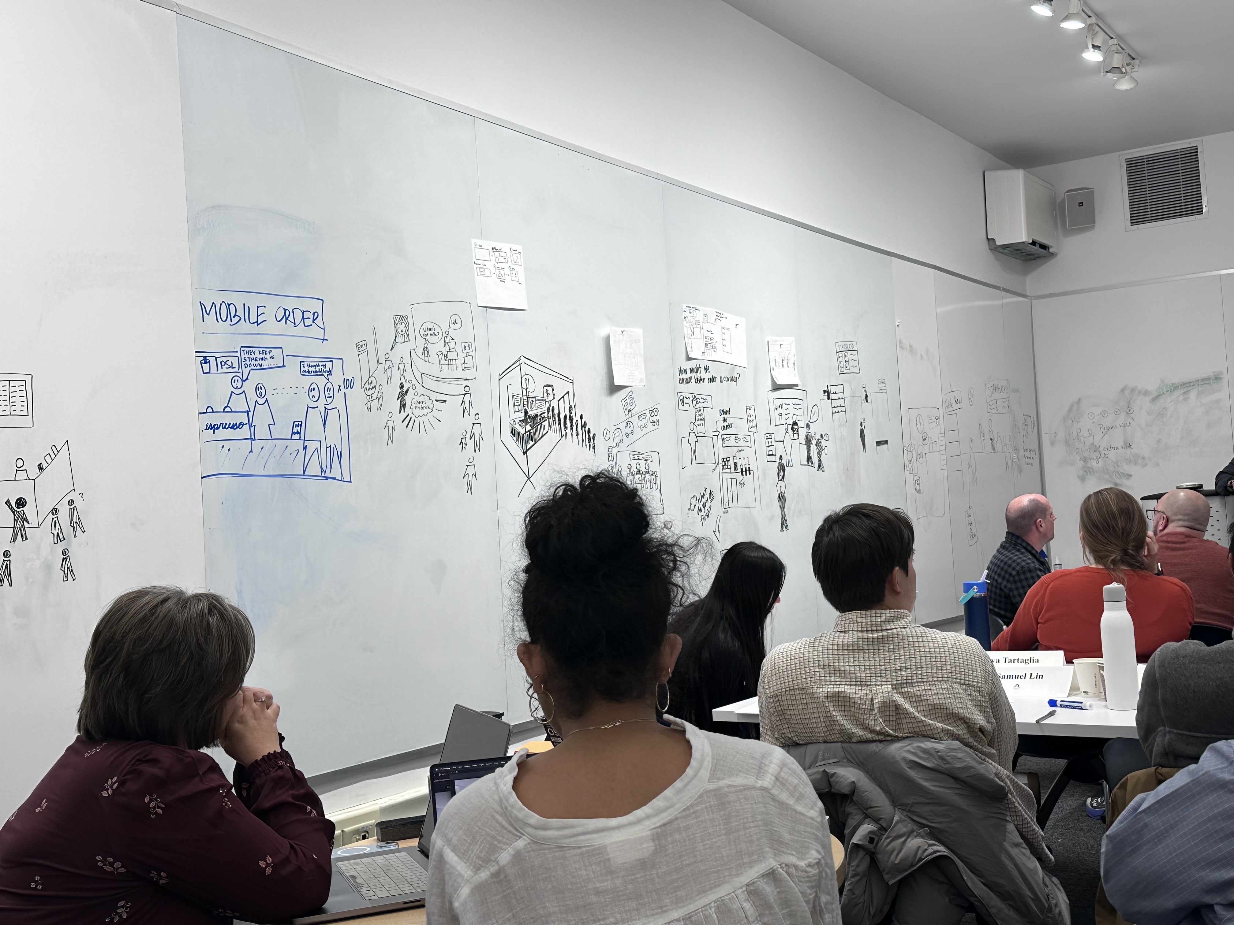 students sit in a classroom surrounded by whiteboards with many drawings