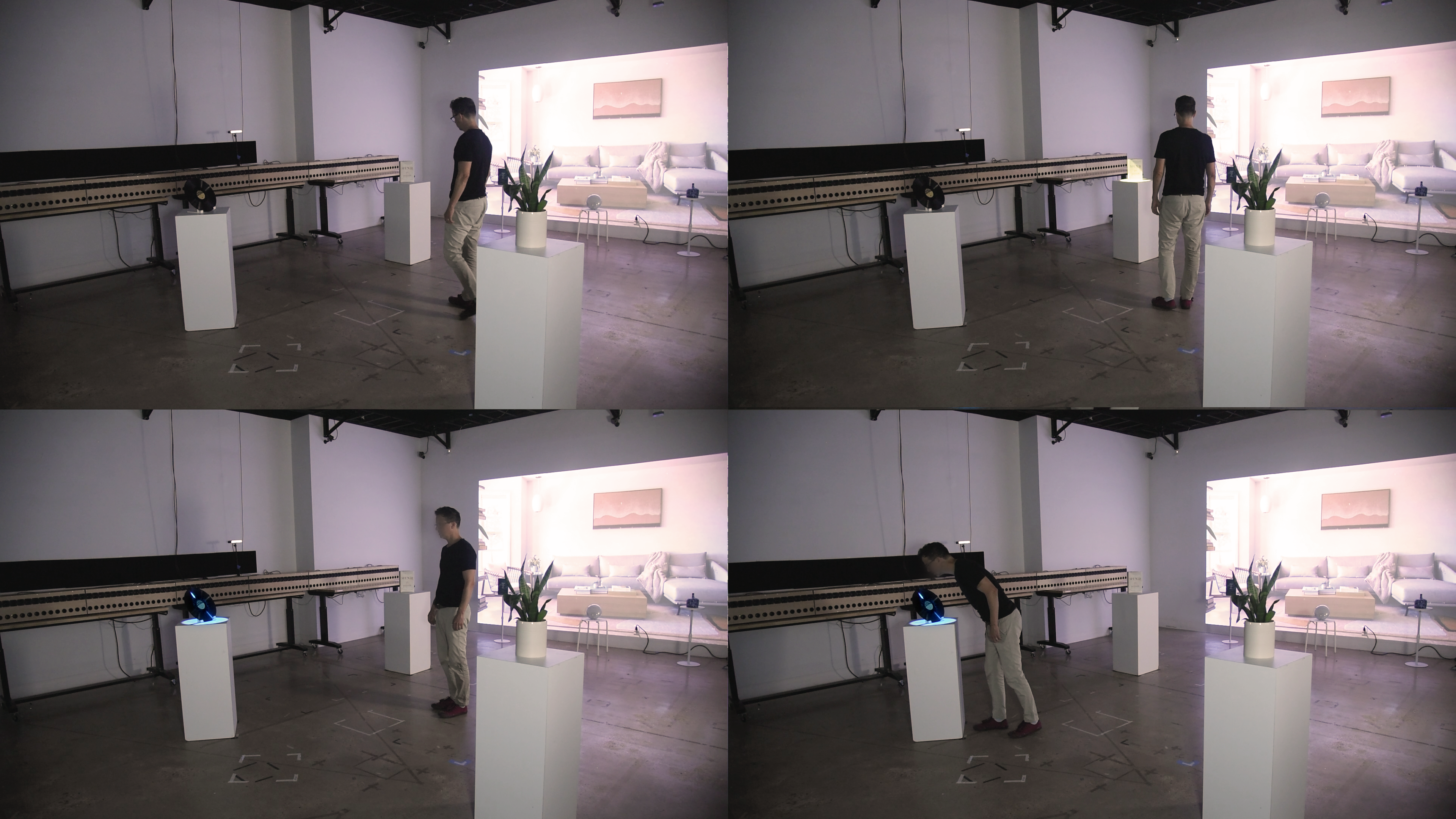 4 images of a person interacting with objects activated with responsive sound and projection