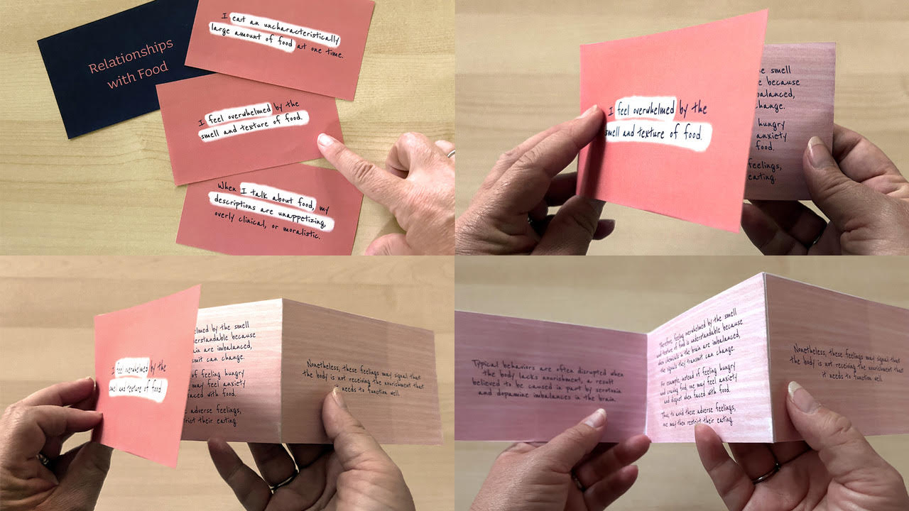 a composite of 4 images of paper note card prototypes