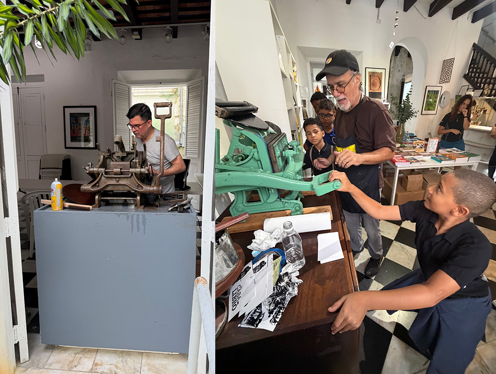 images of Stephen Leon working on a printing press 