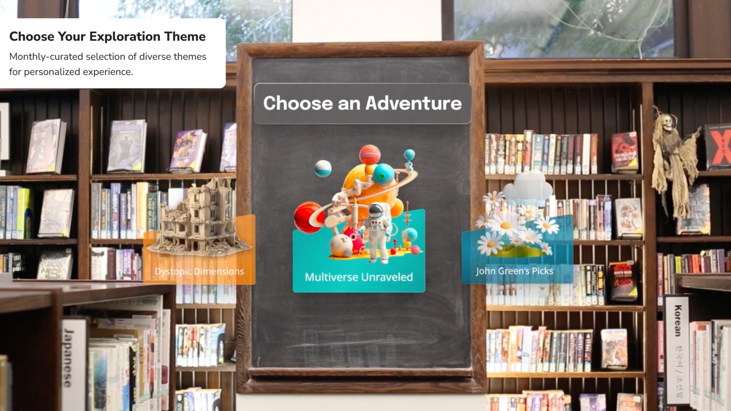 A mixed reality screen telling readers to "Choose Their Own Adventure"