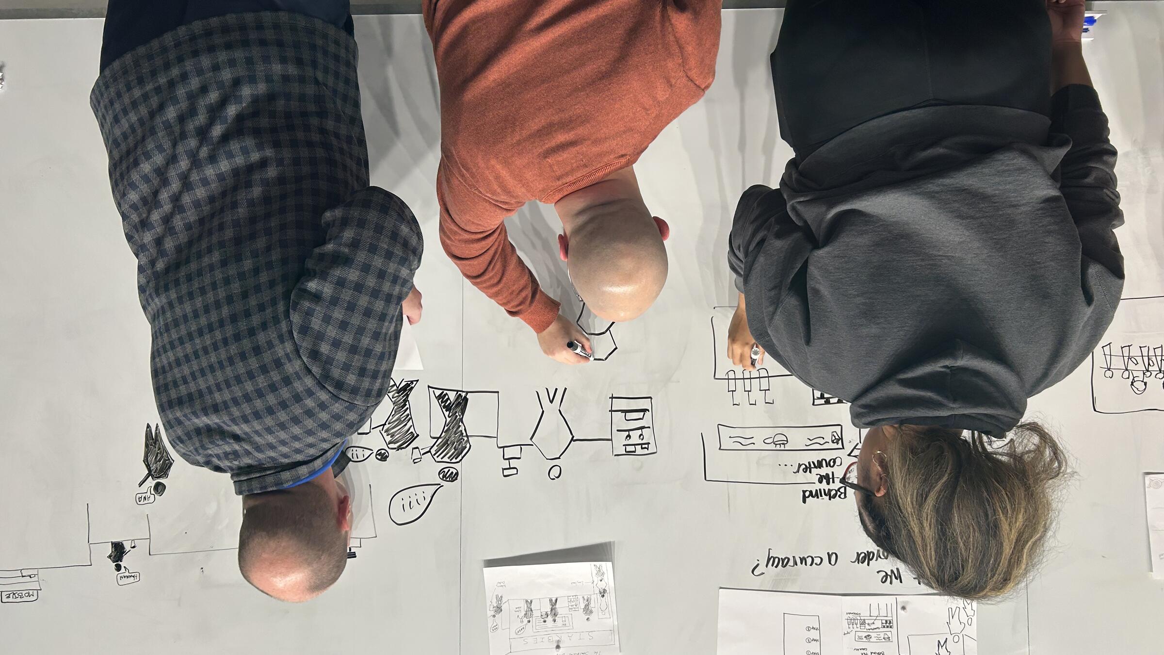 students stand at the whiteboard drawing diagrams together