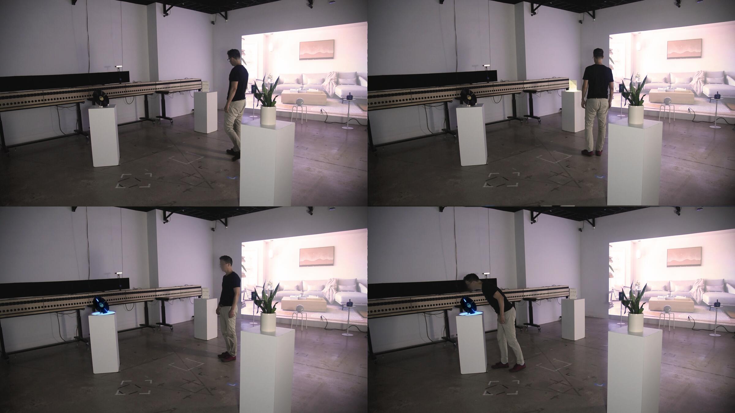 4 images of a person interacting with objects activated with responsive sound and projection