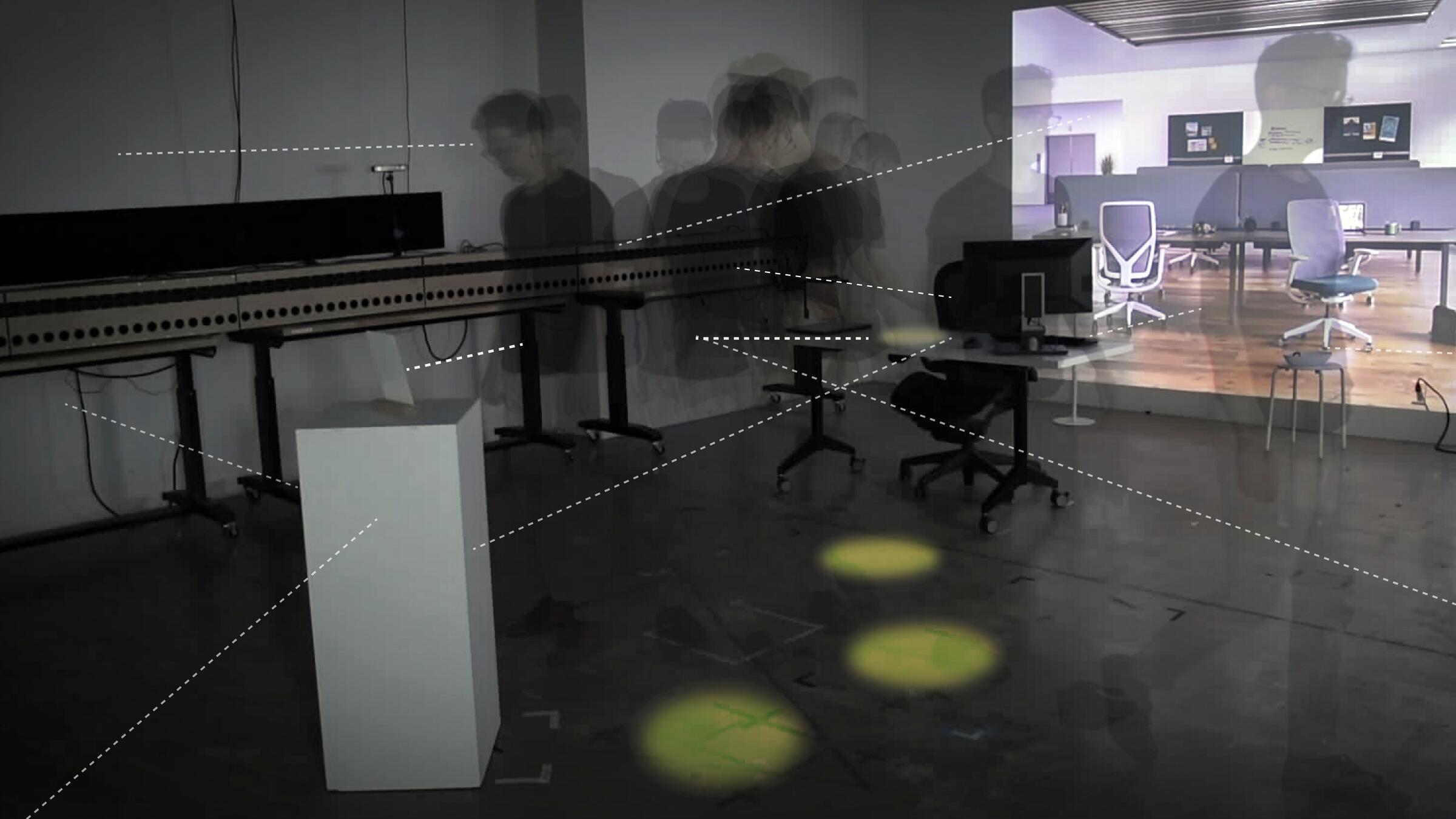 a time lapsed image of a person interacting with objects activated with responsive sound and projection