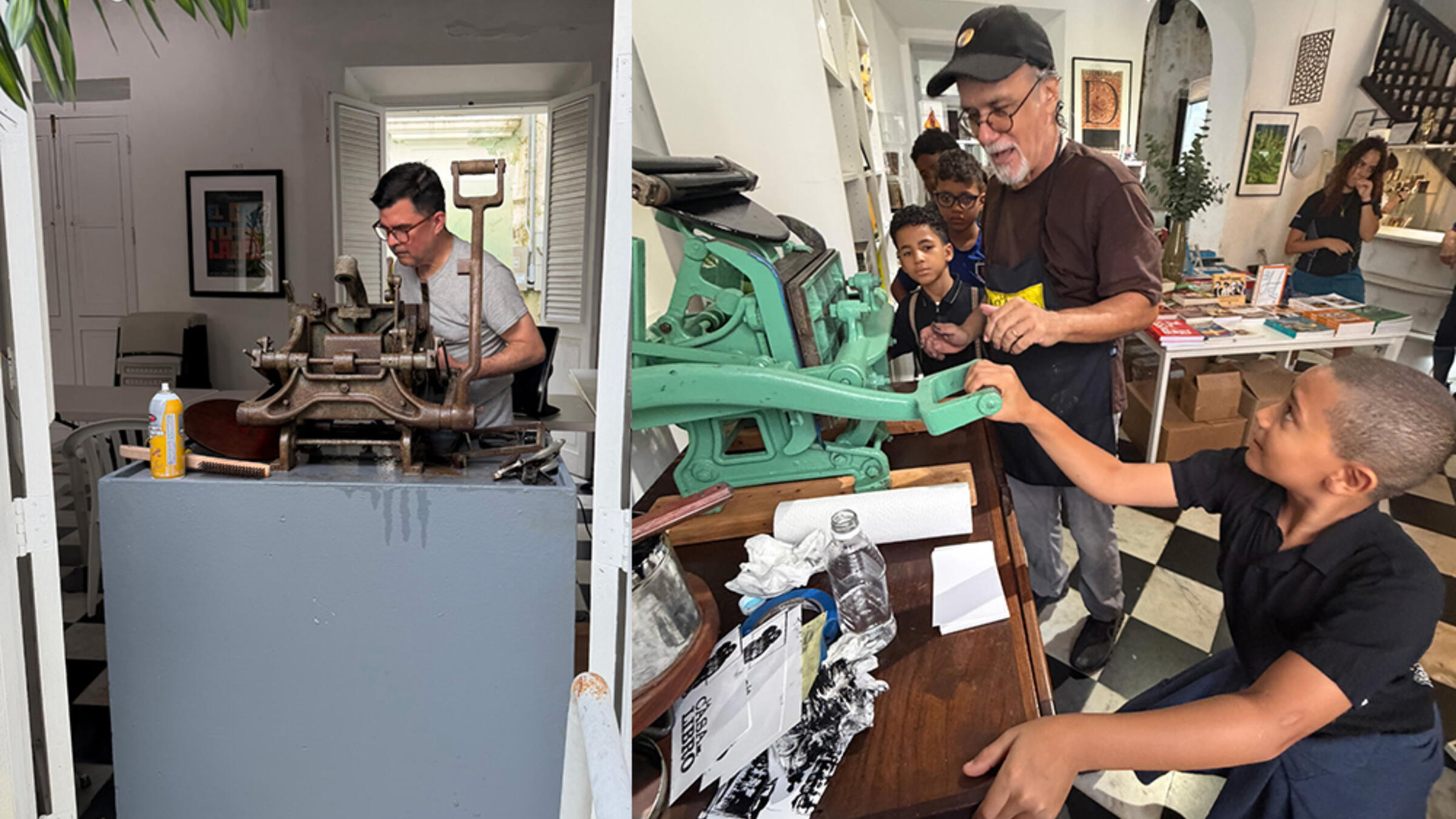 images of Stephen Leon working on a printing press 