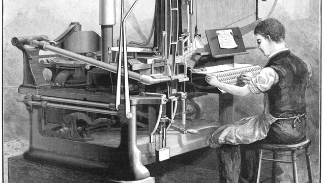 An old illustration of a man at a Linotype machine