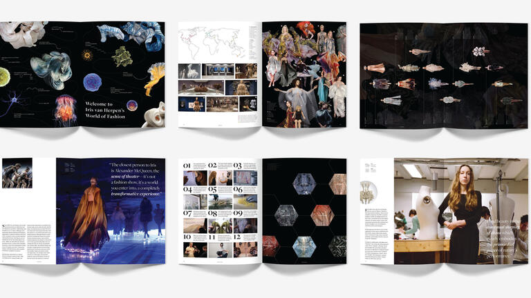 Spreads of a design booklet featuring Iris Van Herpen