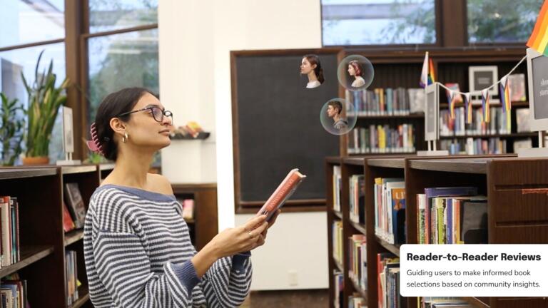 A woman listening to reader reviews for a book