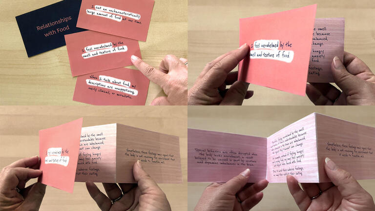 a composite of 4 images of paper note card prototypes