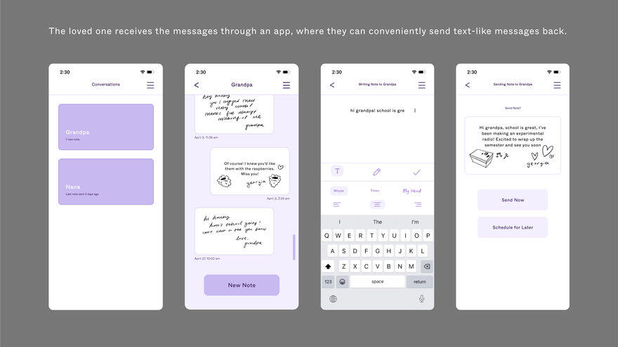 Handwritten text messages from the Pigeon app