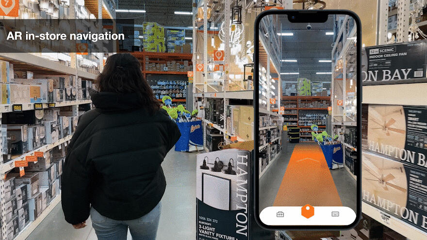 A woman being guided through a Home Depot with a smartphone