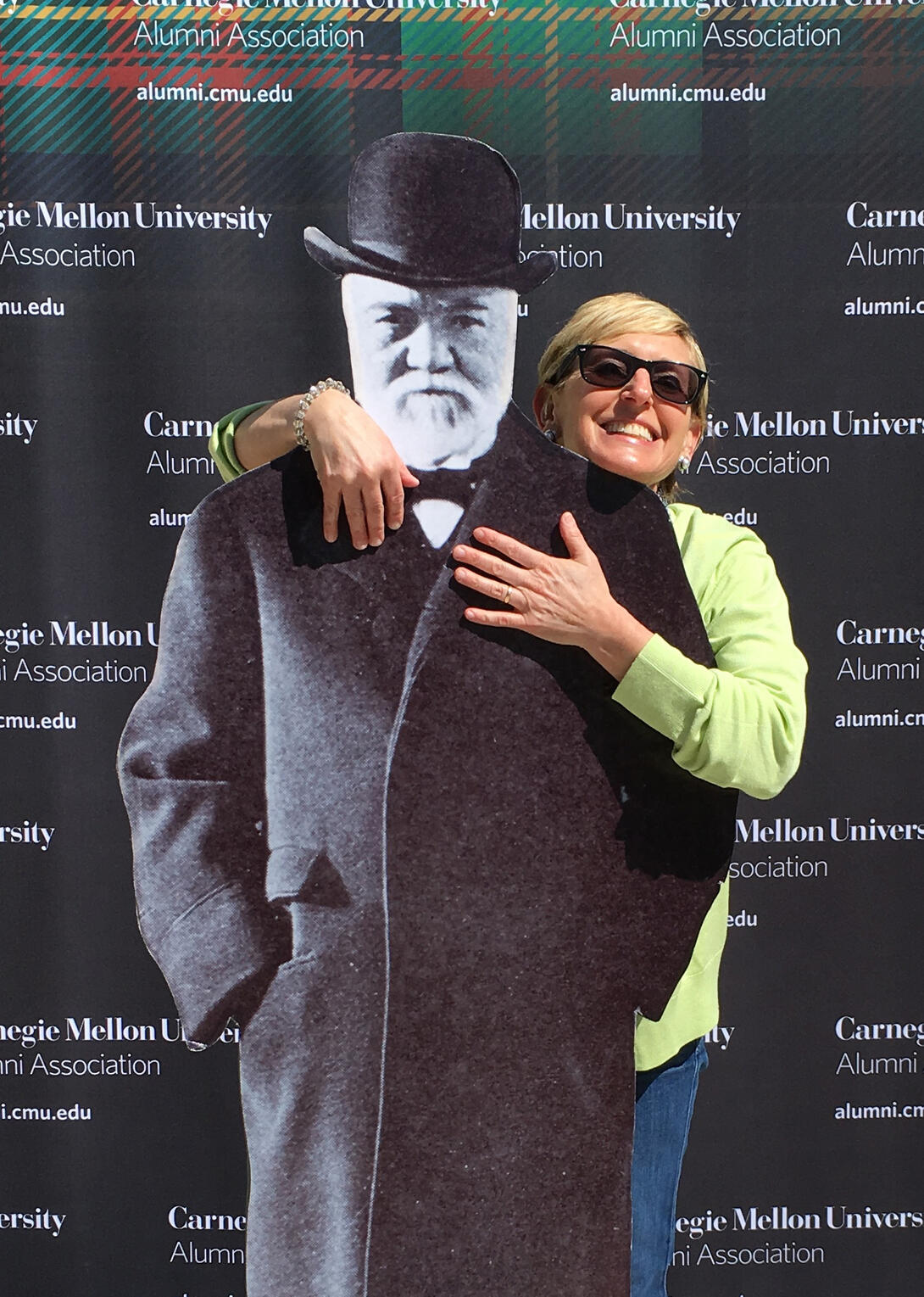 Karen McCurdy and a cutout of Andrew Carnegie