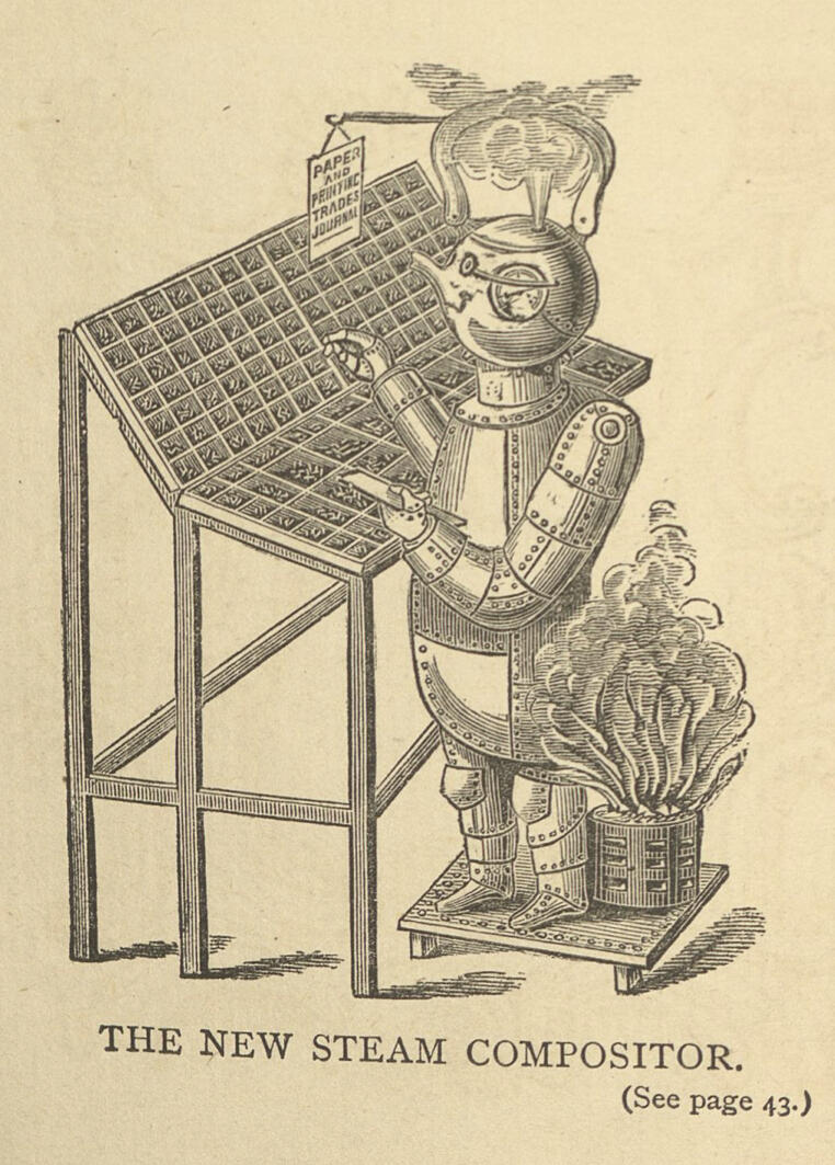 An old illustration of a robotic typesetter